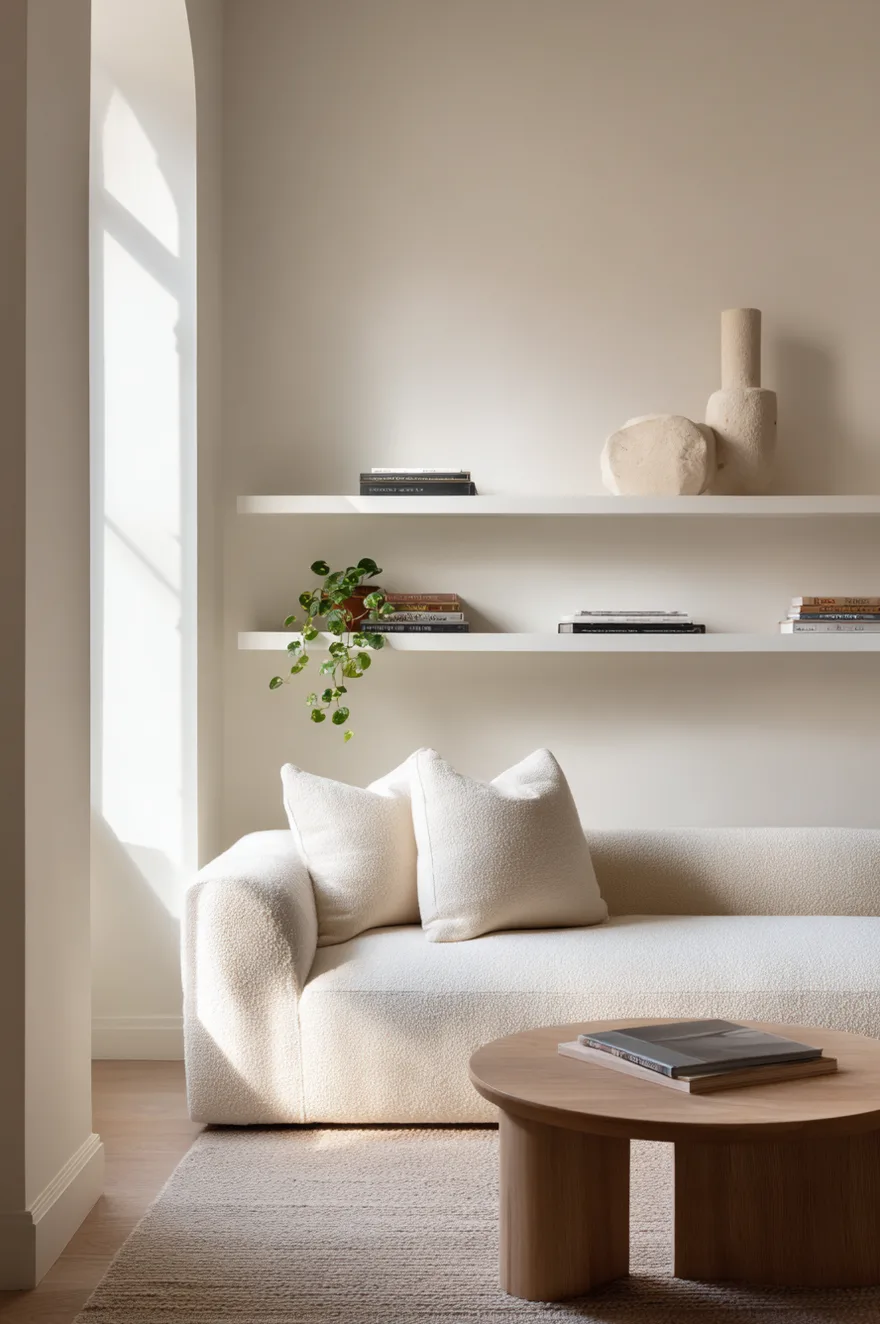 Single extra-long thin white floating shelf at eye level on a bare white wall with a sculptural cream ceramic, three stacked books, and a trailing pothos plant in a calm minimal small living room.