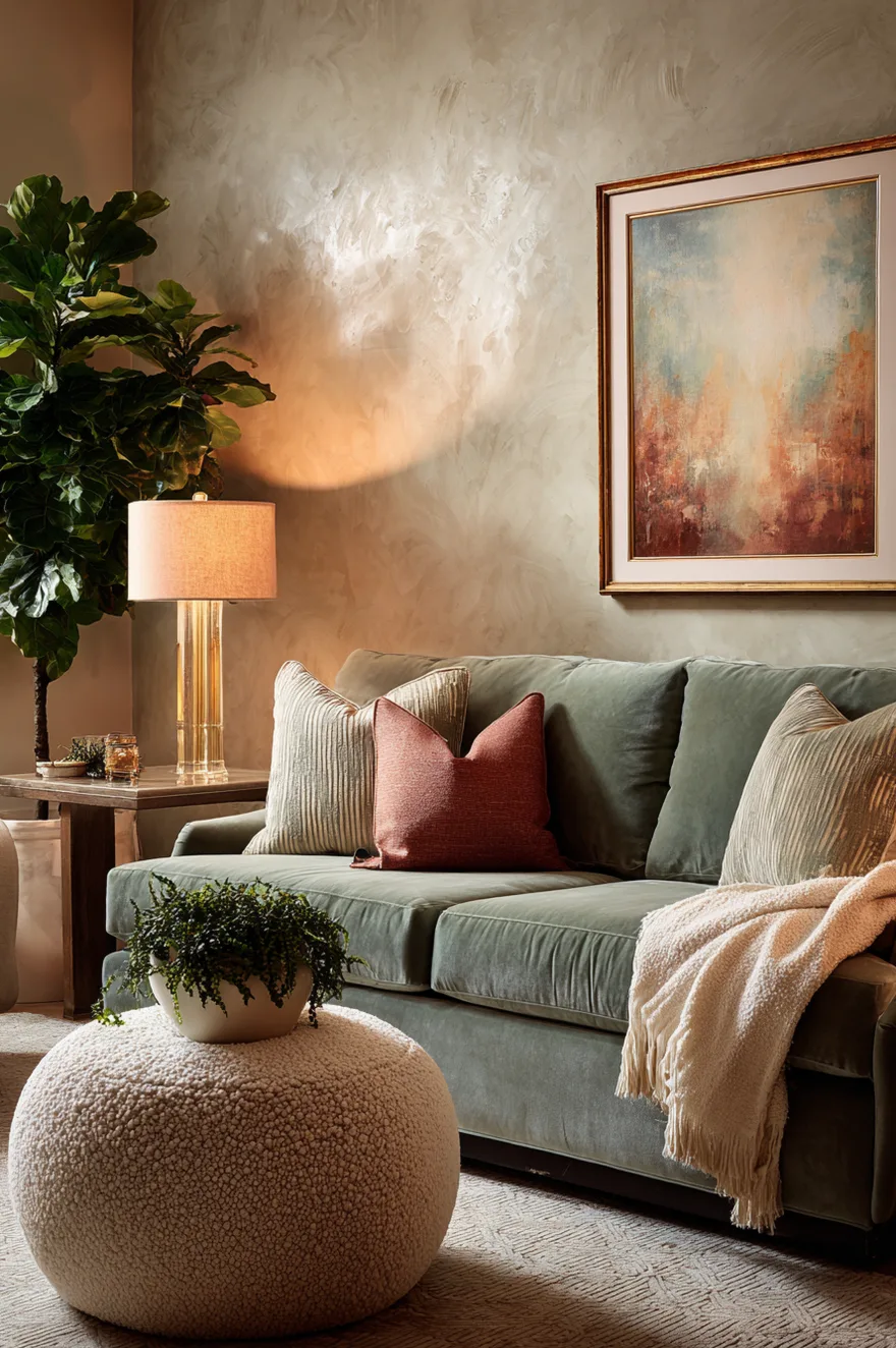 Sophisticated finished basement sitting room with dusty-sage velvet sofa, warm plaster accent wall, unlacquered brass table lamps, and a boucle ottoman as a coffee table.