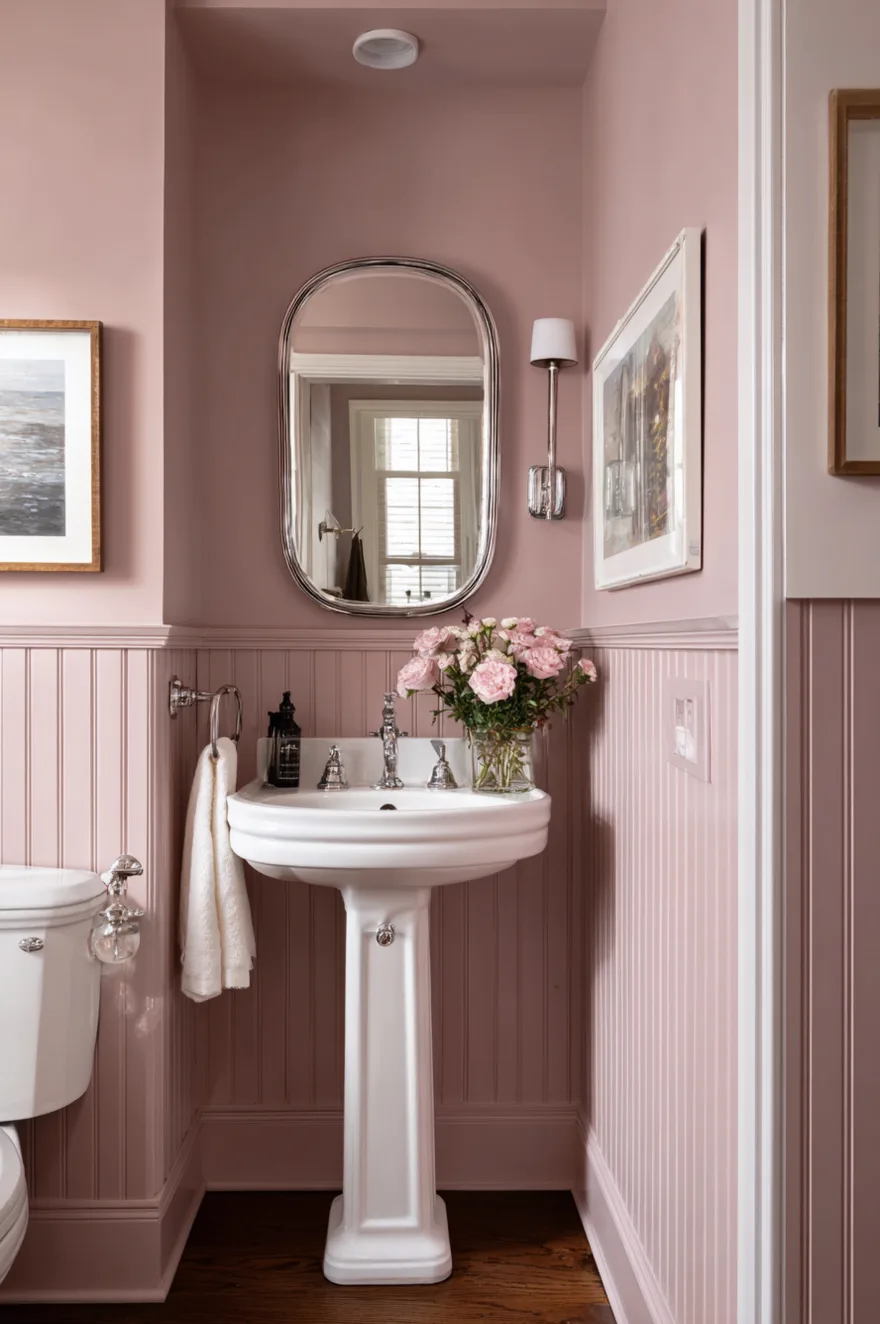 Powder room with dusty mauve beadboard wainscoting on the lower walls, tone-on-tone lighter mauve upper walls, white pedestal sink, and an oval chrome-framed mirror.