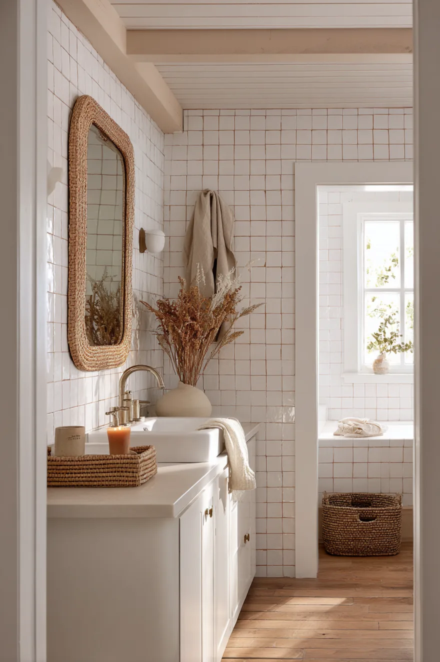 White subway tile bathroom walls with warm terracotta-tinted grout lines, a rattan-framed mirror above a white sink, a raw linen hand towel on a brass hook, and dried botanicals in a ceramic vase.