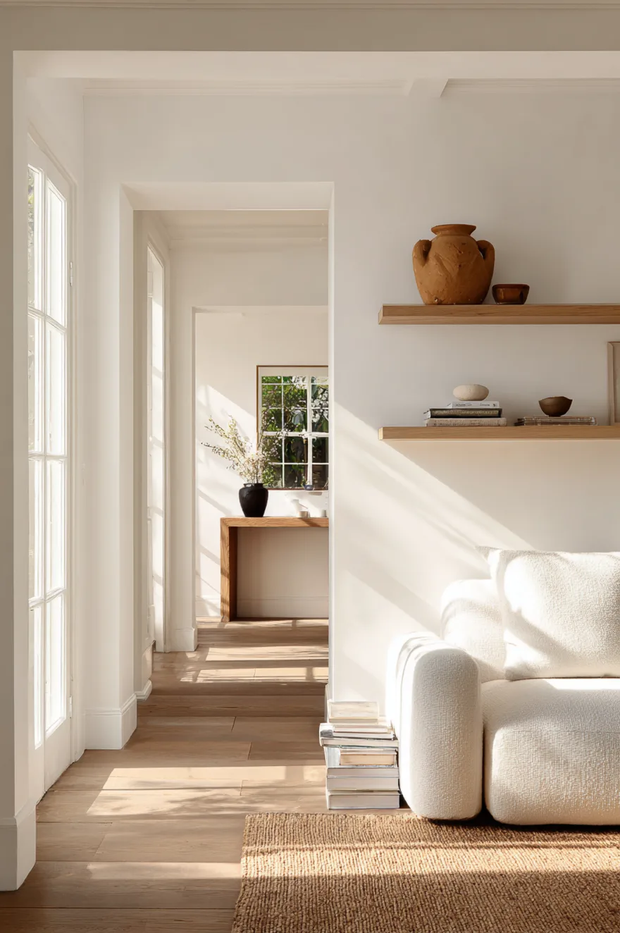 Spare minimalist living room with white walls, a single sculptural thrifted ceramic on a simple console, low linen sofa, jute area rug, and nearly bare shelves with one or two objects visible.