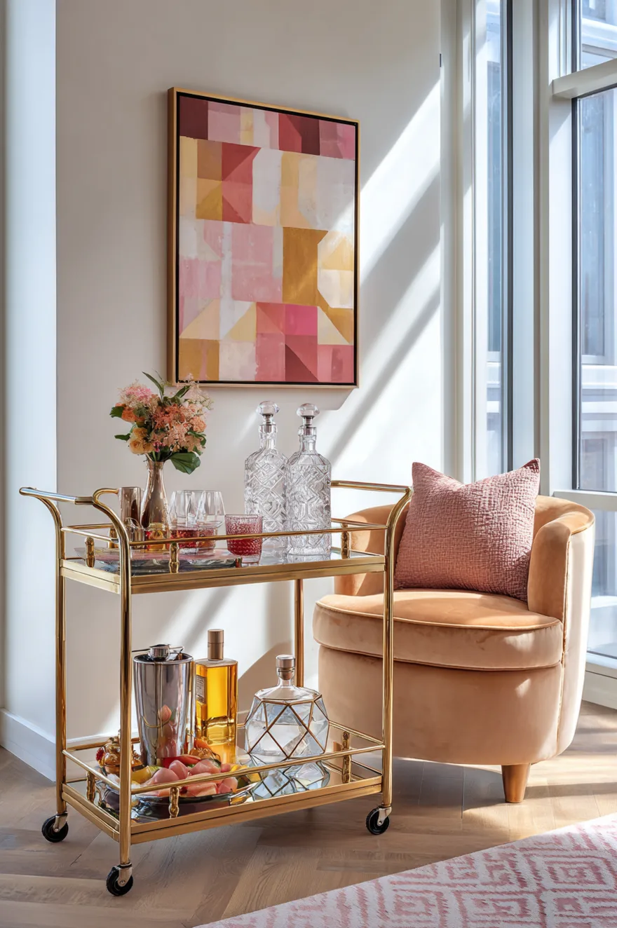Styled two-tier brass and glass bar cart holding crystal decanters and a cocktail shaker, positioned next to a peach velvet accent chair with a pink pillow.