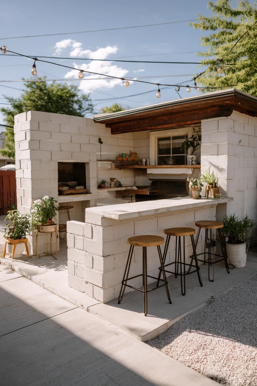 DIY outdoor kitchen constructed from stacked grey cinder blocks with simple tile countertops, a drop-in stainless grill, and open hollows storing cut firewood.