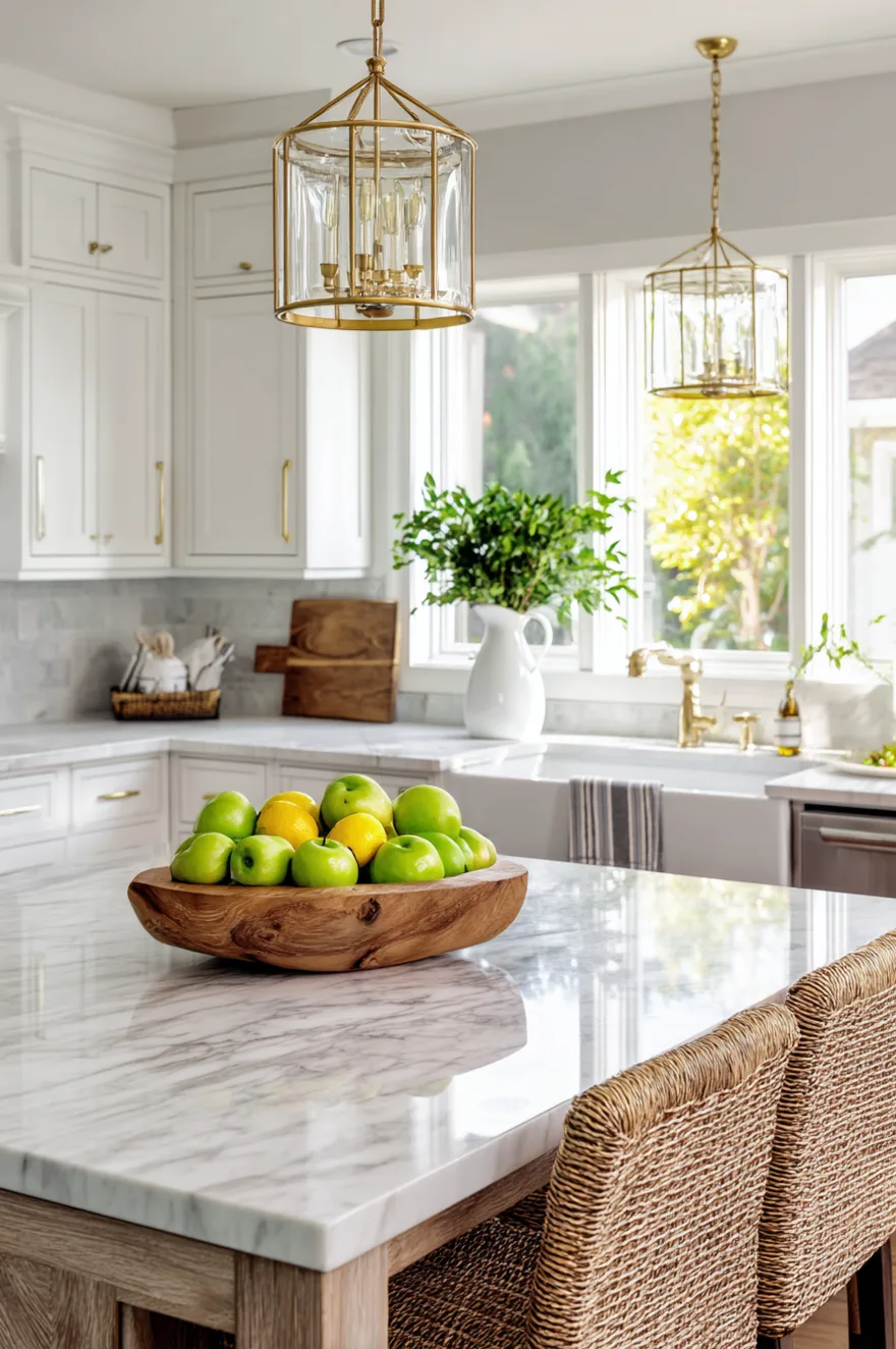 Large white marble kitchen island countertop featuring a large, footed raw wood bowl piled high with bright green granny smith apples, sitting next to a white ceramic pitcher filled with fresh green basil branches.