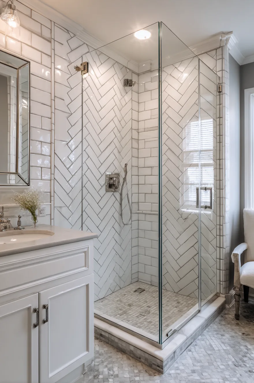 A glass enclosed walk in shower featuring white rectangular tiles installed in a vertical herringbone pattern with chrome fixtures next to a white vanity.