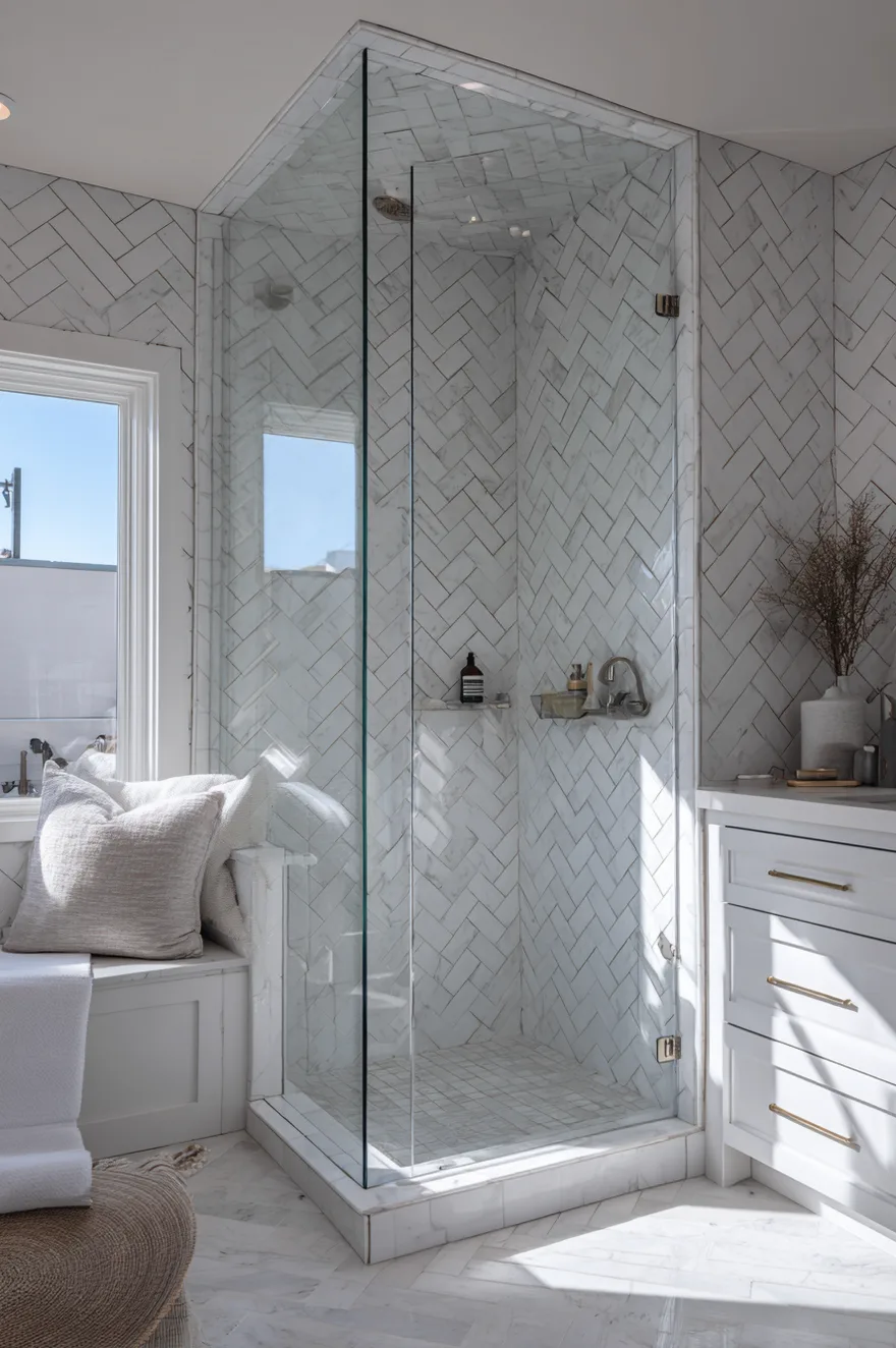 A bright bathroom corner showing a glass enclosed shower wrapped in white marble tiles laid in a herringbone pattern next to a built in window bench.