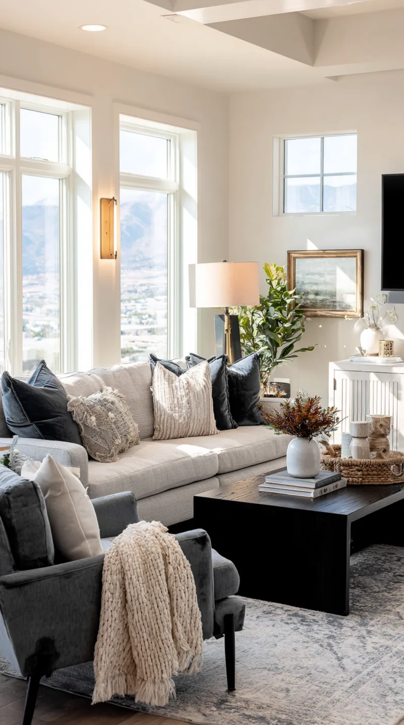 Brass linear wall light installed above a living room sofa, casting a warm up-and-down glow on the wall.