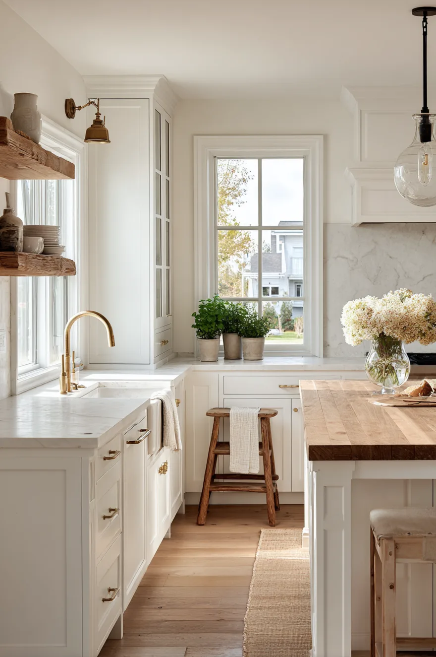 Small rustic wooden step stool resting on light wood floors next to white shaker cabinets with brass hardware, white marble countertops, and a wood butcher block island.