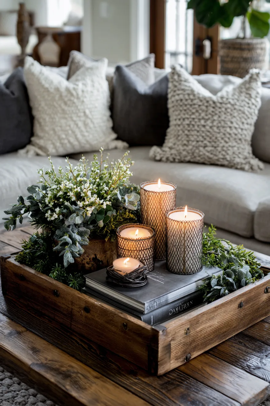 Vintage wooden tray filled with soft pink pillar candles and tucked in white spring flowers on a living room table.