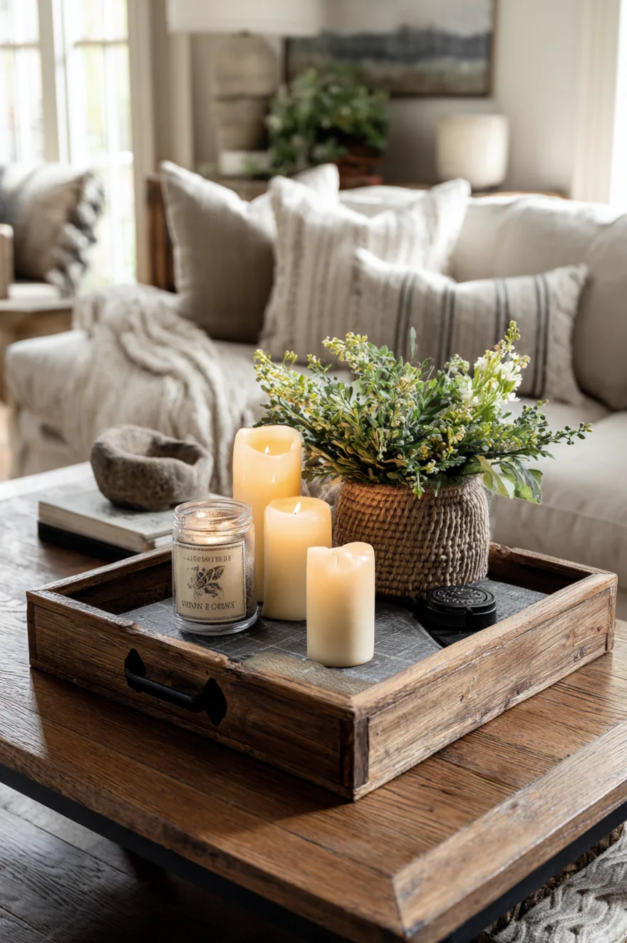 Weathered wooden tray on a coffee table holding three pastel spring candles and small sprigs of greenery.