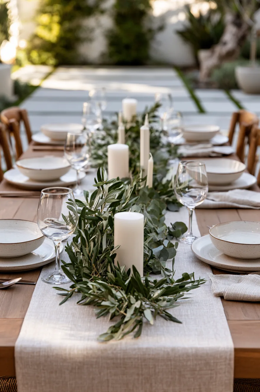 Minimalist outdoor table setting with neutral linen napkins, simple white ceramic plates, fresh olive branches down the center, and numerous white pillar candles.