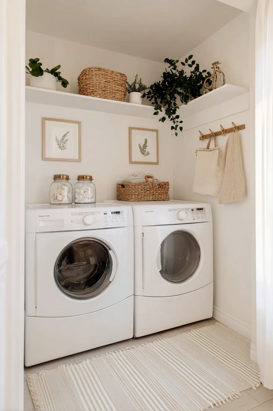 Bright laundry room refreshed with white paint, new cabinet hardware, and a patterned rug.