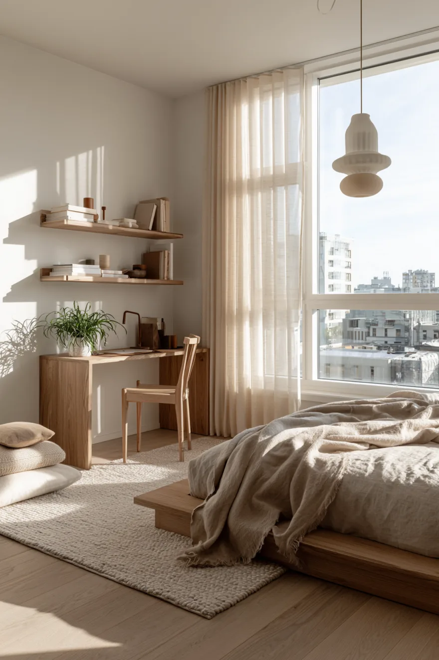 Minimalist modern guest bedroom with a low wood bed, a small built-in wood writing desk with a single chair, floating oak shelves on a white wall, and a large window overlooking a city.