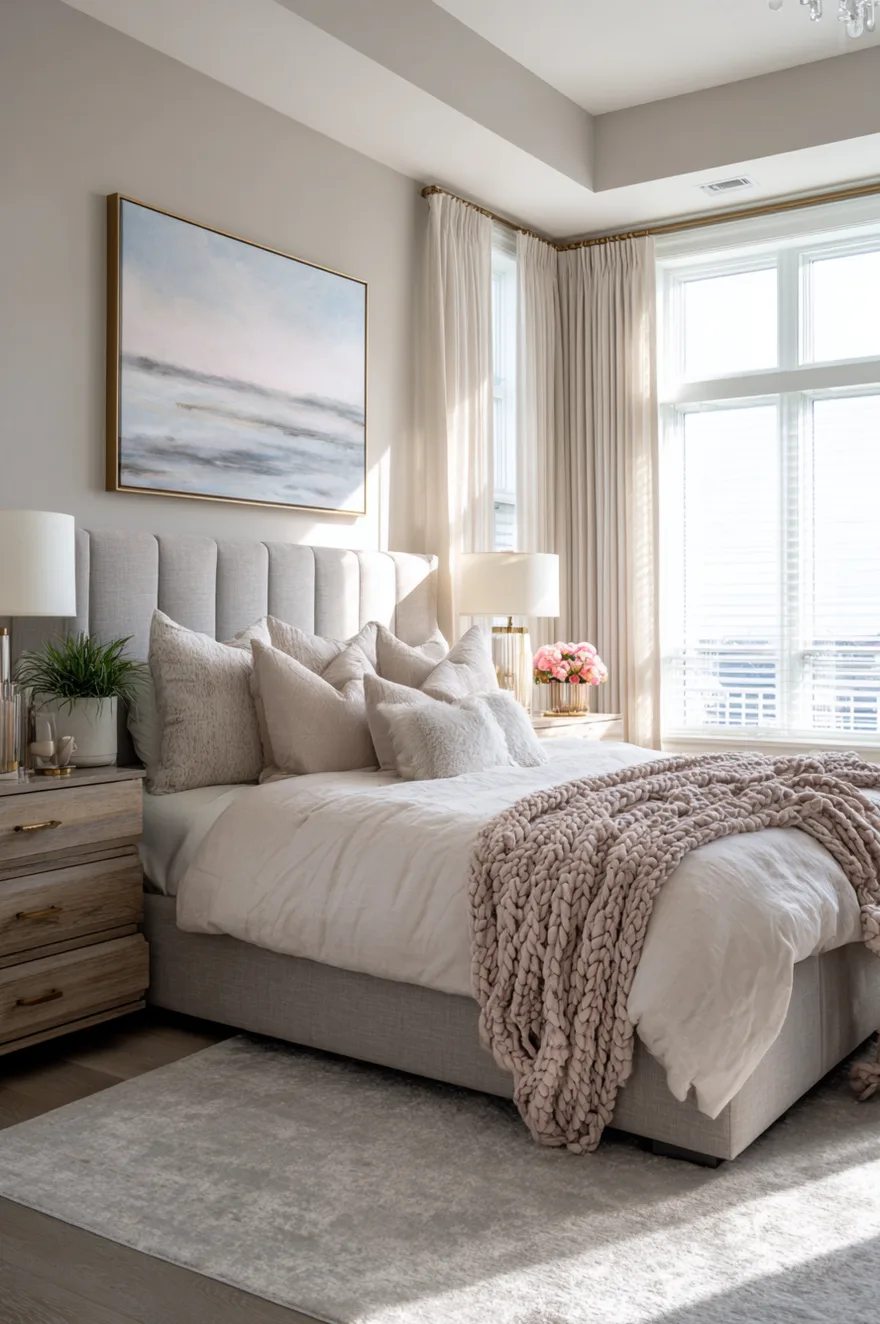 Bedrooms ideas master design showing floor-to-ceiling sheer curtains layered with blackout drapes for privacy.