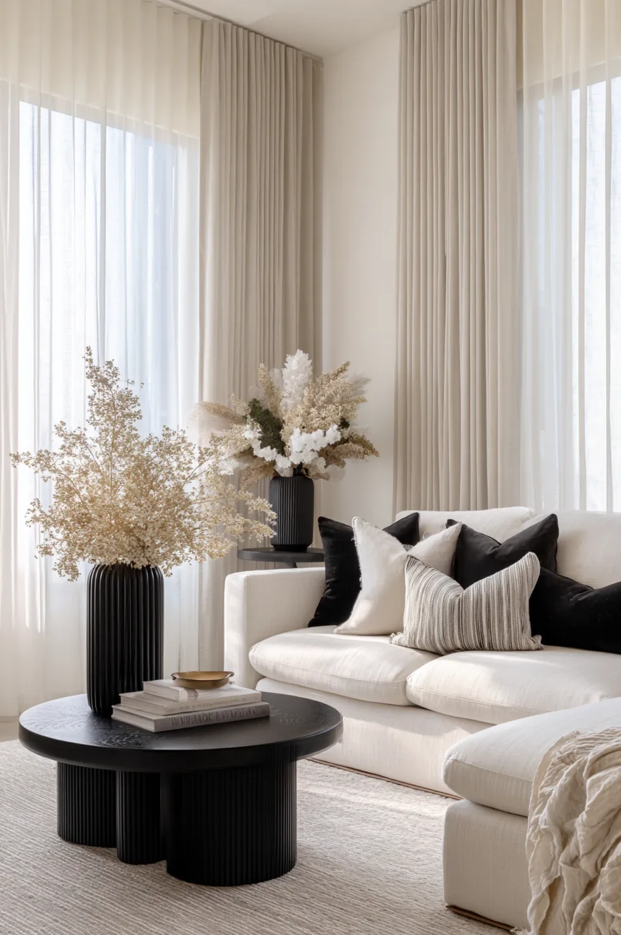 Floor-to-ceiling windows draped with layered beige and sheer white curtains hung on a black rod. soft natural light filters onto a textured rug below.