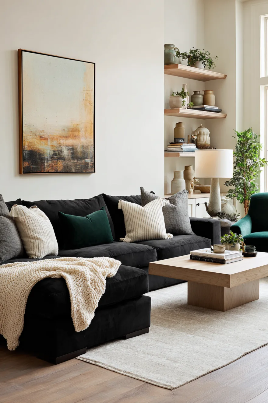 Black sectional sofa styled with cream textured pillows, a dark green pillow, and a white blanket, positioned next to a square light wood coffee table, built in shelves, and an emerald green accent chair.
