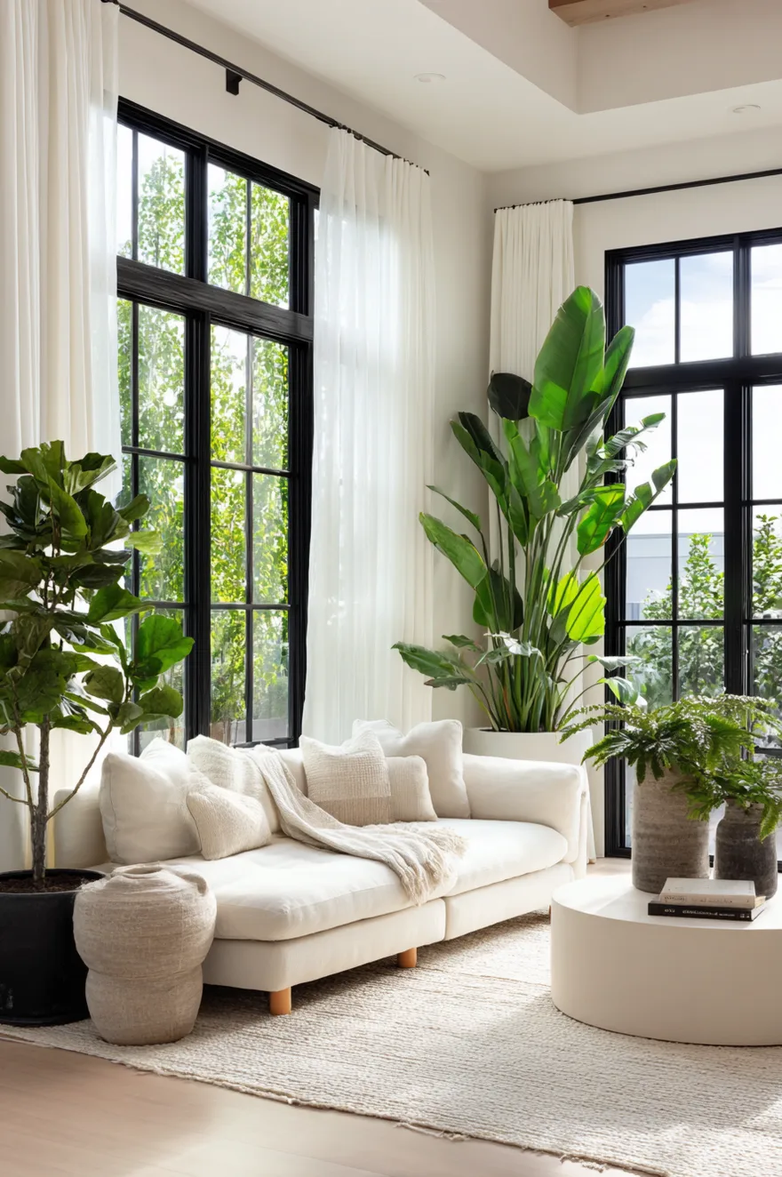 Large floor to ceiling windows with black metal frames looking out onto greenery, viewed from inside a minimalist living room with sheer white curtains and a neutral armchair.