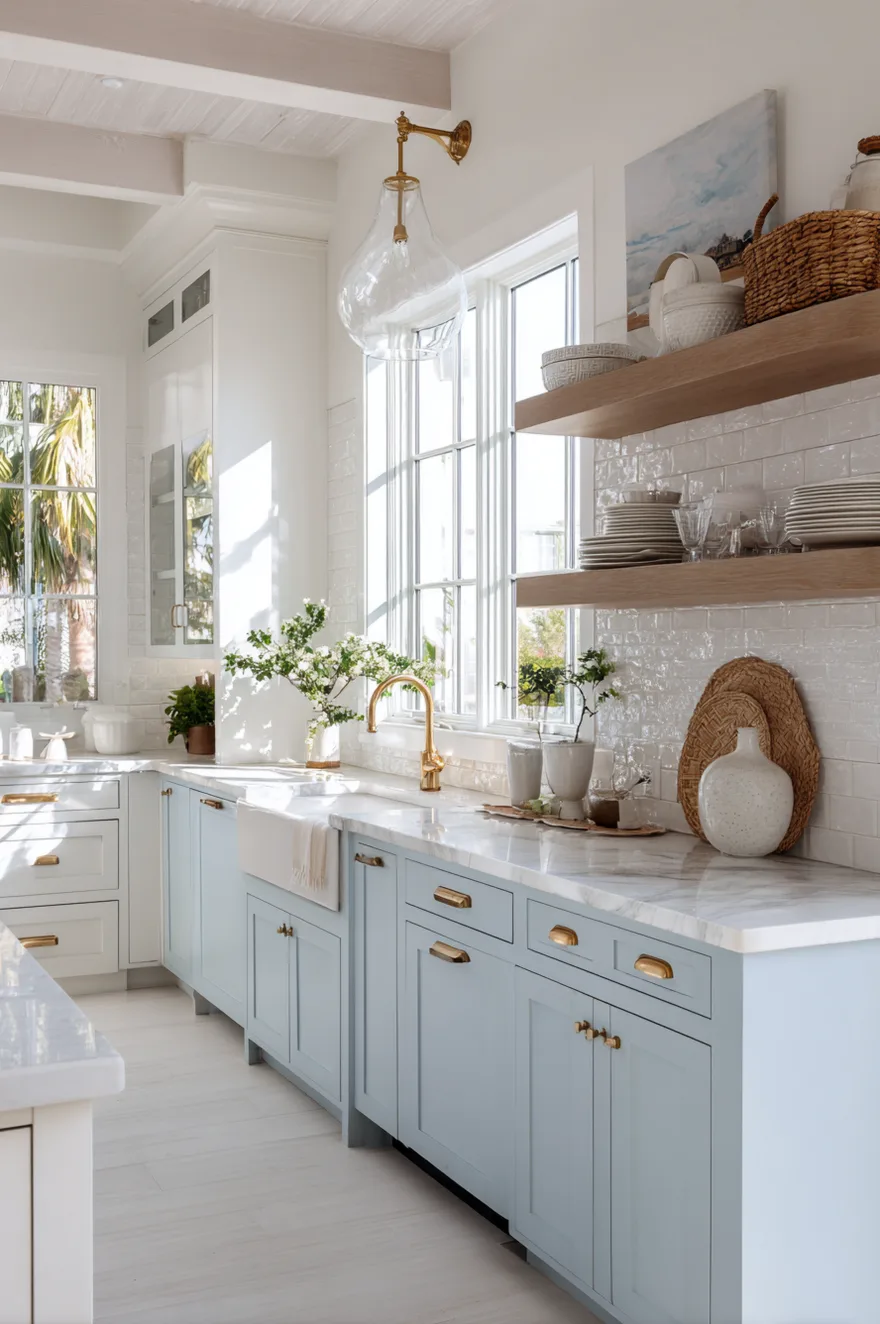 Soft powder blue lower kitchen cabinets with gold pulls, a white farmhouse sink, white marble countertops, a white subway tile backsplash, and light wood floating shelves holding stacked white plates.