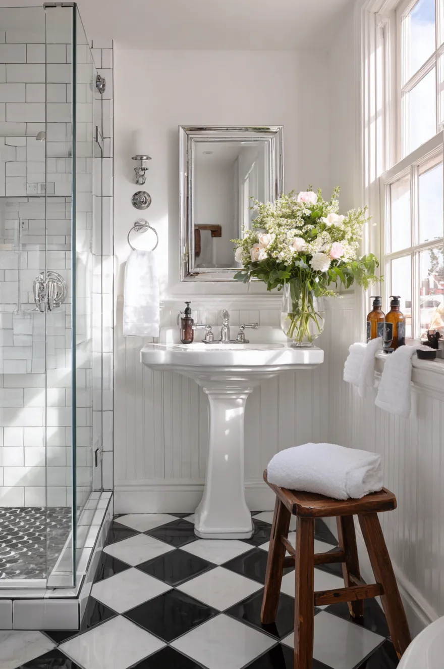 Vintage style bathroom with black and white square floor tiles in a checkered pattern, an ornate white pedestal sink with brass fixtures, a matching mirror, and a vintage glass light fixture.