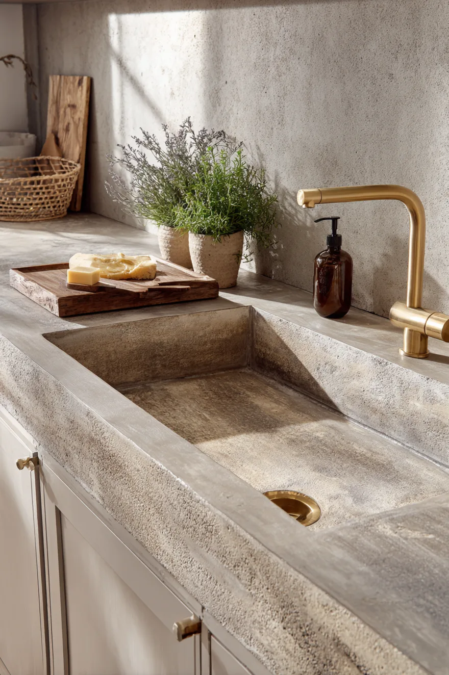 Rectangular concrete-look kitchen sink integrated into matching grey concrete counters, featuring a matte brass faucet, a wooden cutting board with cheese, and potted herbs against a textured grey wall.