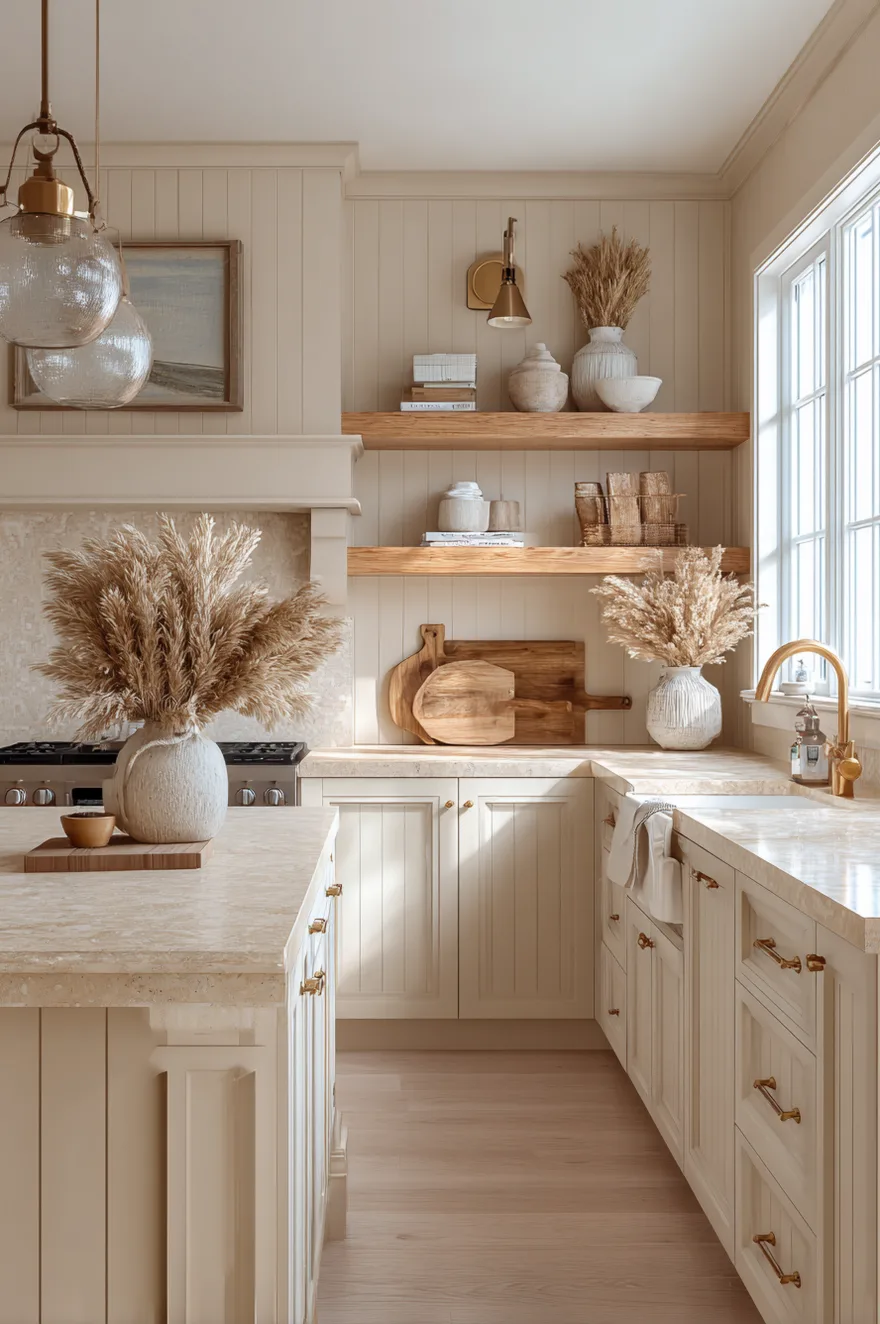 Timeless kitchen featuring beige shaker cabinets, marble countertops, and a vintage runner rug.