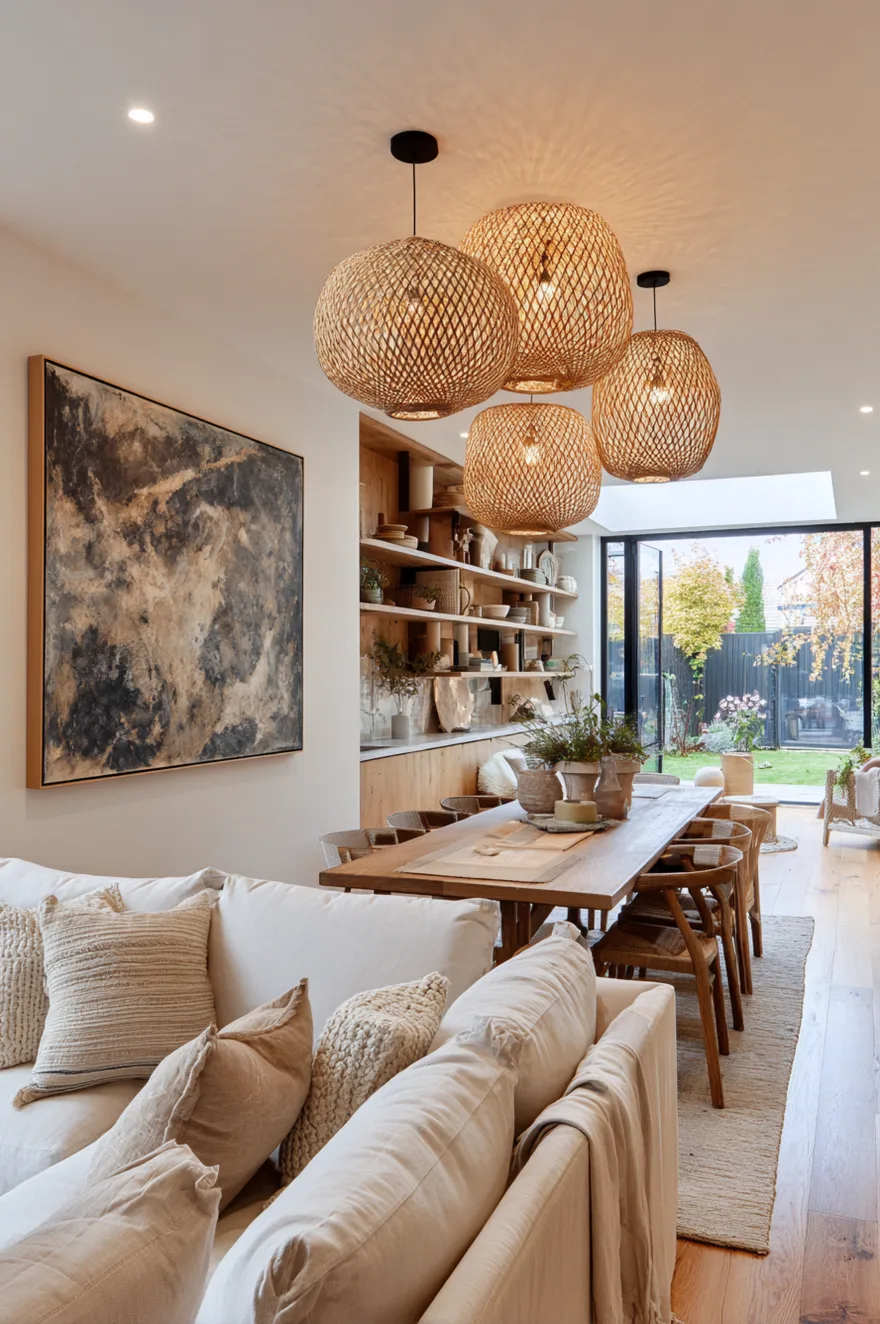 A bright and airy open concept space showing a comfortable white sofa facing a long wooden dining table illuminated by a cluster of large woven pendants, with a dark abstract painting on the wall.