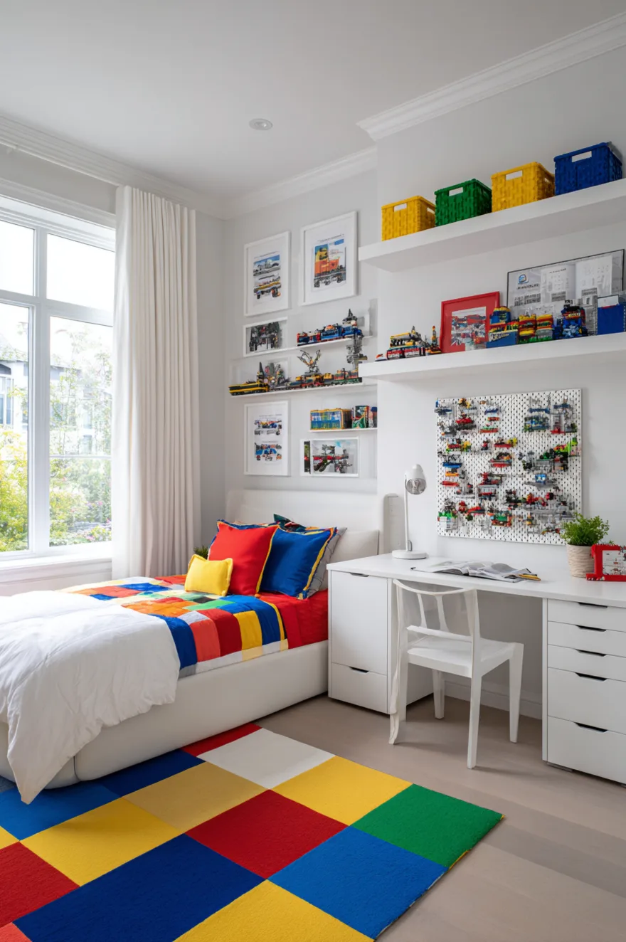 Bright boys bedroom featuring a white bed with vibrant red, blue, yellow, and green color block bedding, a matching geometric rug, and a white pegboard wall displaying small building block creations over a white desk.