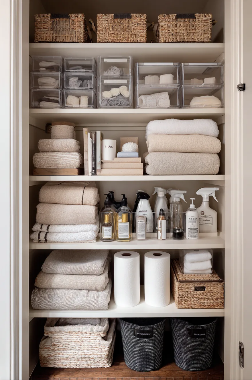 Beautifully organized bathroom linen closet featuring neatly stacked white towels, woven storage baskets, and clear bins with minimalist labels resting on wooden shelves.