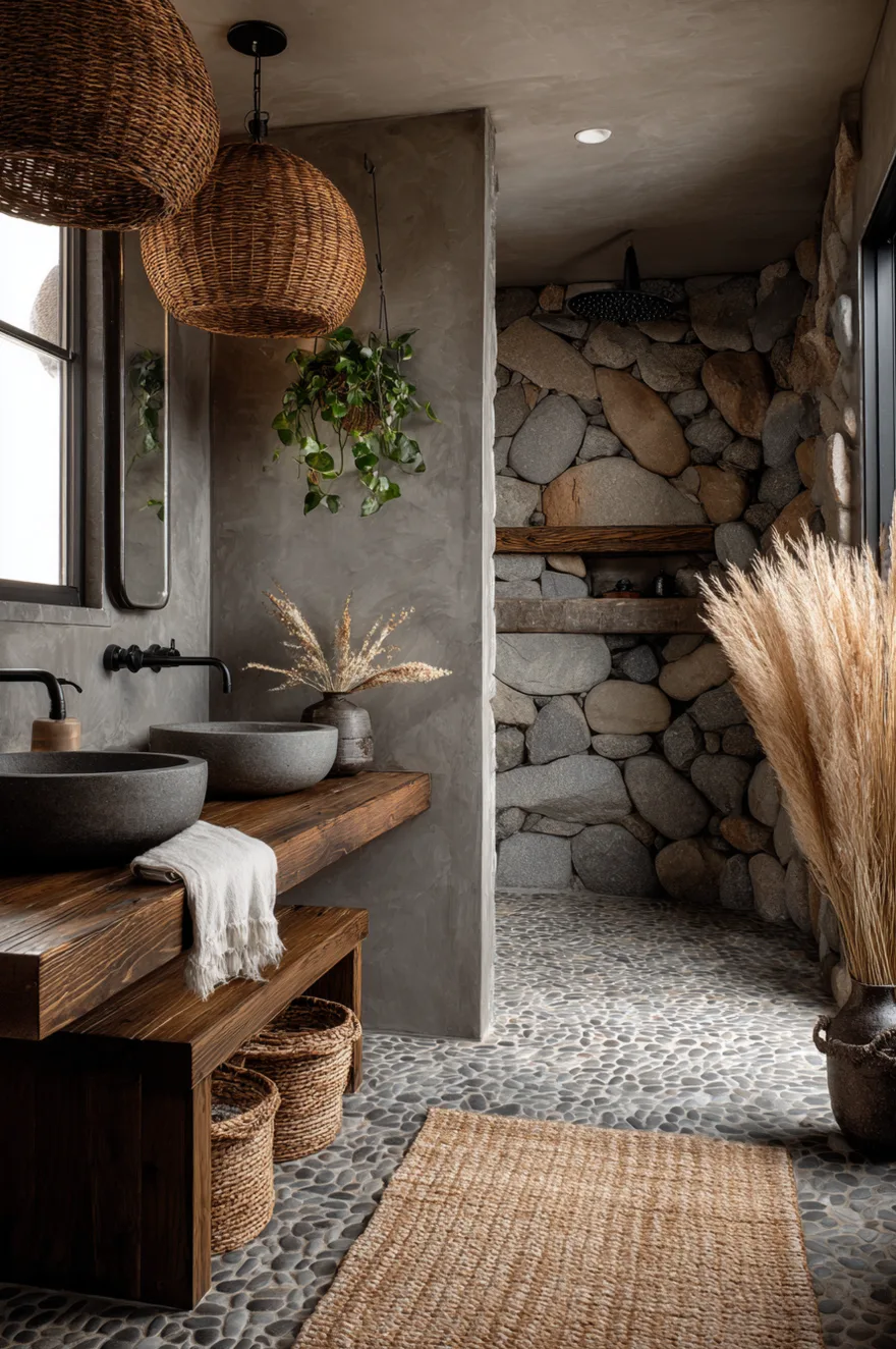 A spa style walk in shower with stacked grey stone ledger wall tile pebble mosaic floor tiles black hardware and an integrated wood bench creating a natural and organic atmosphere.