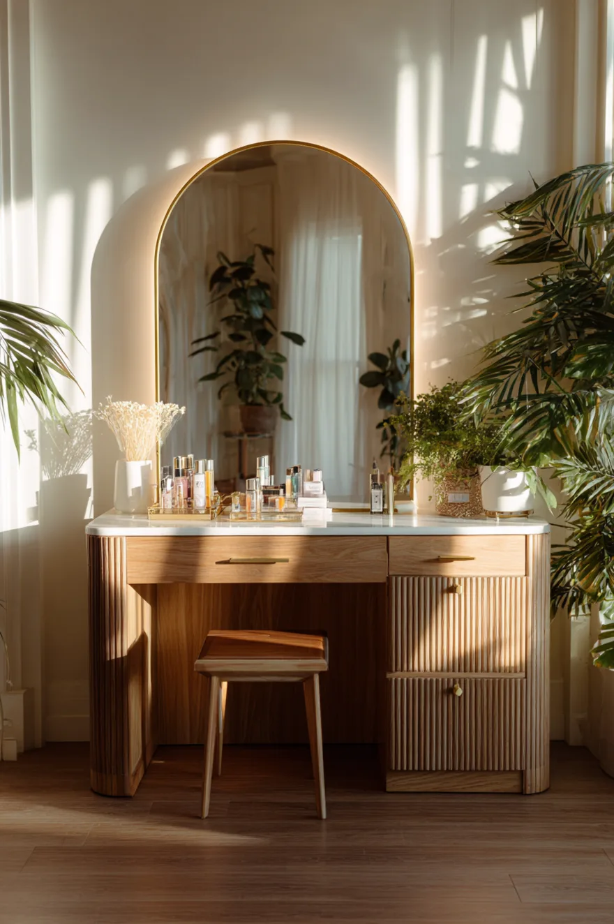 Light wood makeup vanity desk with fluted cabinet details and a white marble top, paired with a matching wooden stool and a large arched brass-framed mirror surrounded by lush green potted plants.