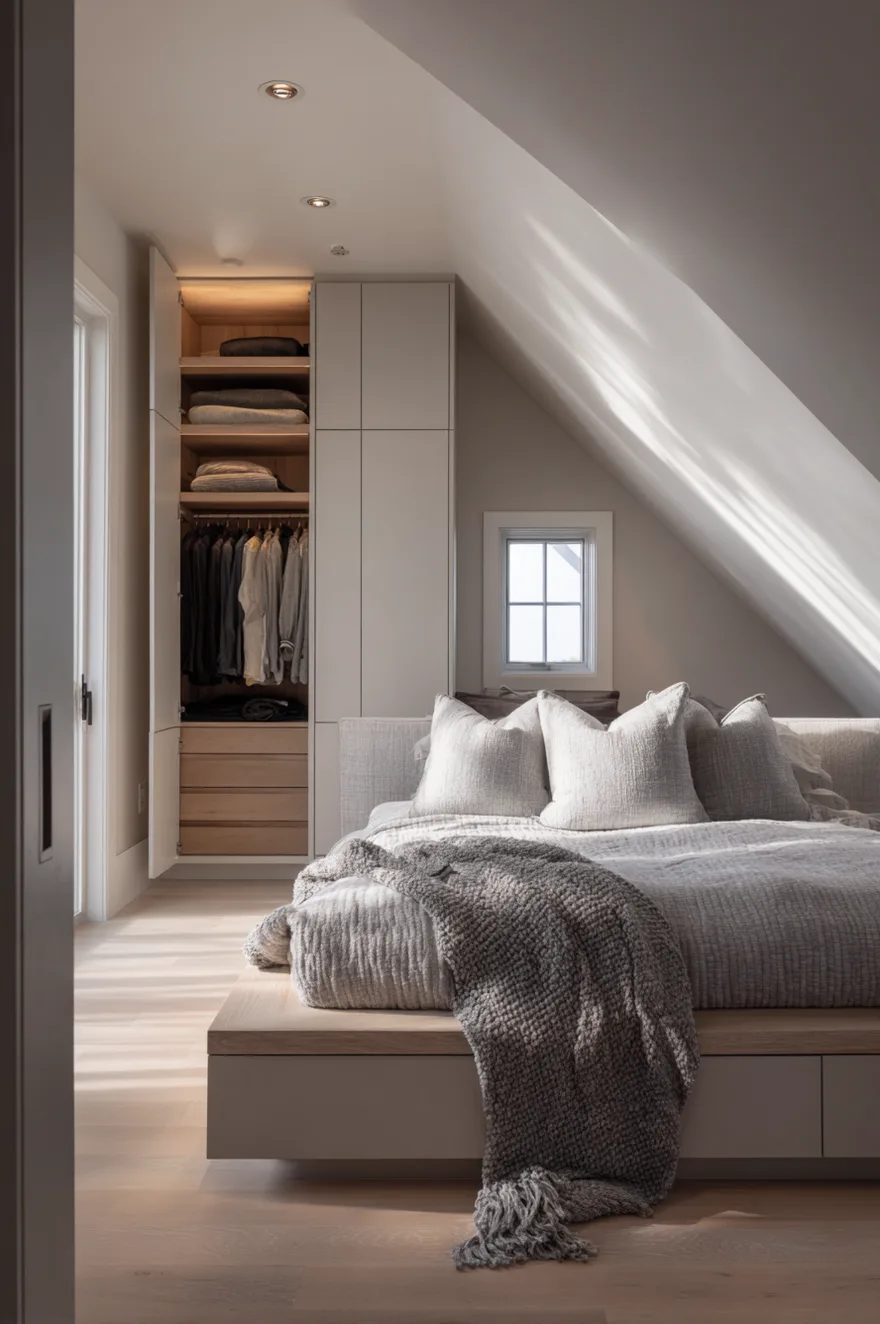A serene neutral attic bedroom featuring a low wooden platform bed with a chunky gray blanket and under-bed drawers. A slanted ceiling is on the right, and a tall built-in wardrobe with interior lighting stands on the left.