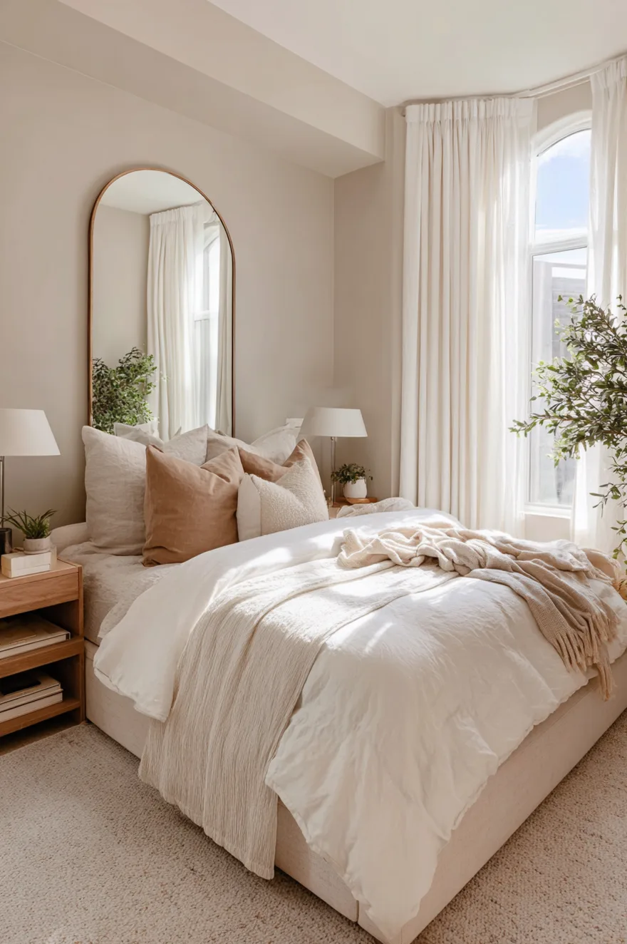 A small sunlit bedroom showcasing a low white platform bed, light brown and cream pillows, a tall arched floor mirror reflecting light, and a minimalist wooden nightstand.