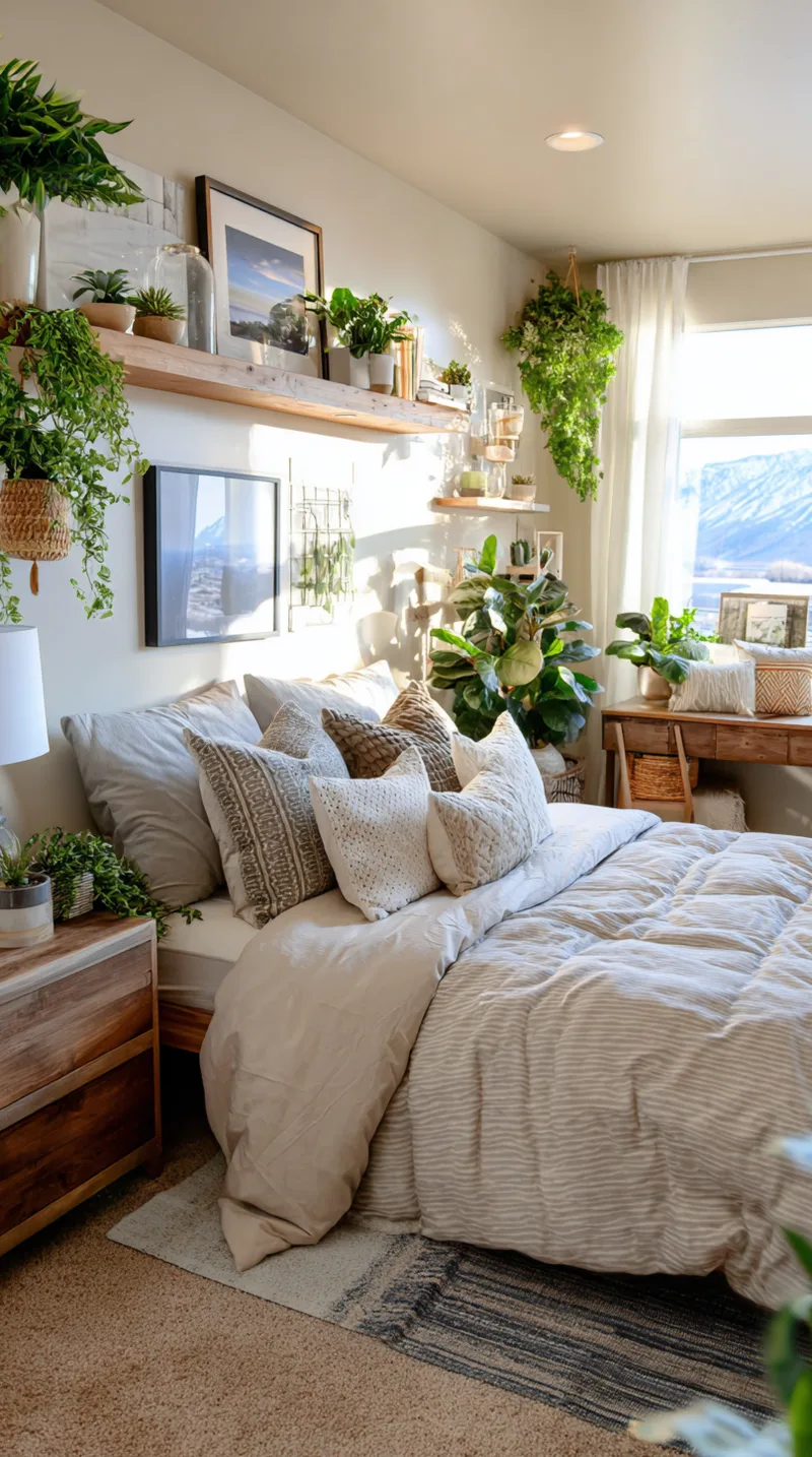 Low-maintenance pothos and snake plants sitting on a bedroom shelf, adding life and green color to the space.