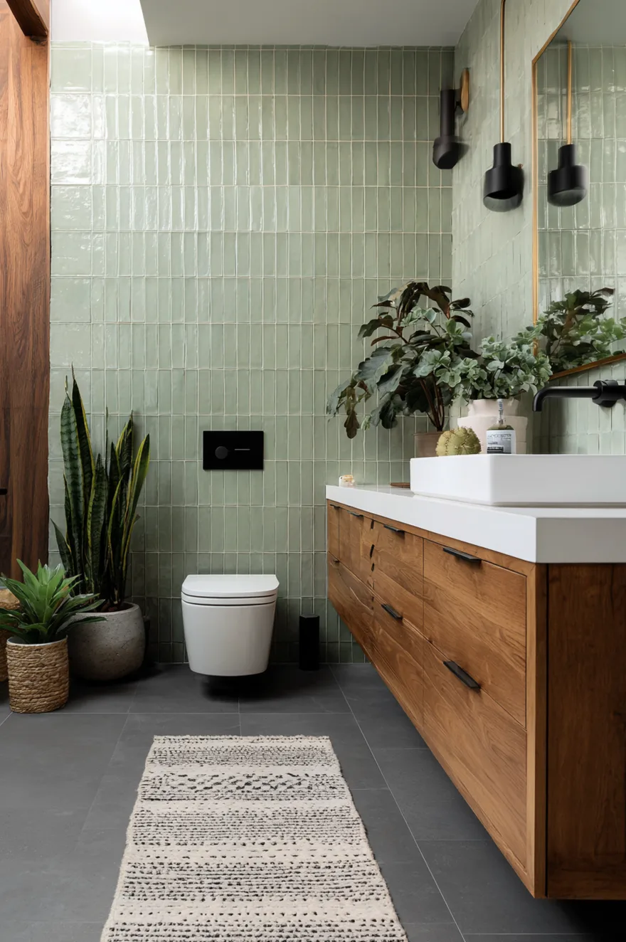 A white oval vessel sink on a rustic wood vanity counter with a matte black wall-mounted faucet against a backdrop of square matte terracotta orange wall tiles and a round rattan mirror.