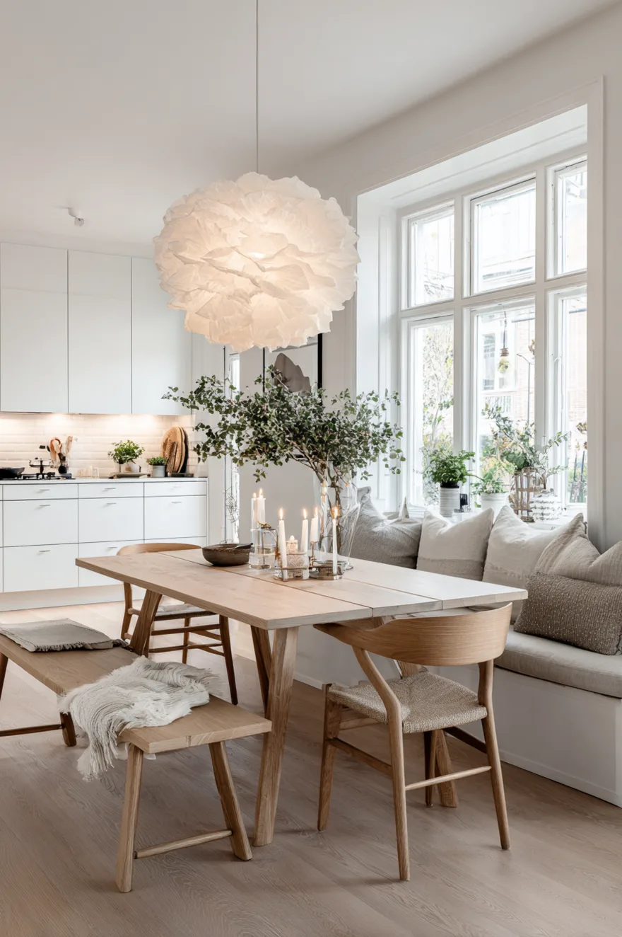 Scandi dining area with a light wood table, bench seating, and a large fluffy white pendant light.