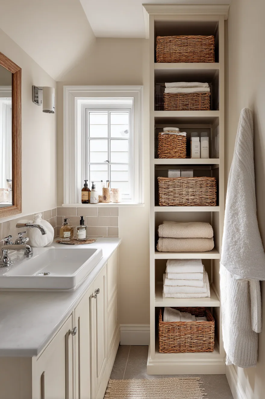 Tall narrow built-in shelving unit filled with towels and baskets next to a bathroom vanity.