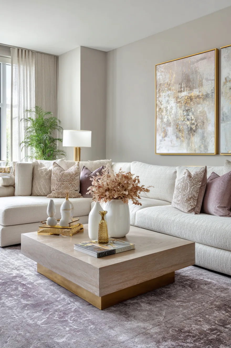 A sophisticated living room featuring a white sectional couch and a sleek modern coffee table placed over a textured soft lavender colored carpet, decorated with matching mauve throw pillows.