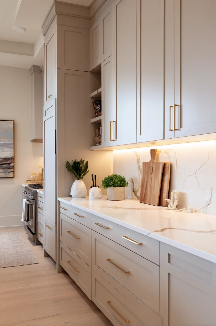 Taupe shaker kitchen cabinets with warm white LED strip lighting installed underneath illuminating a white quartz countertop and white subway tile backsplash.