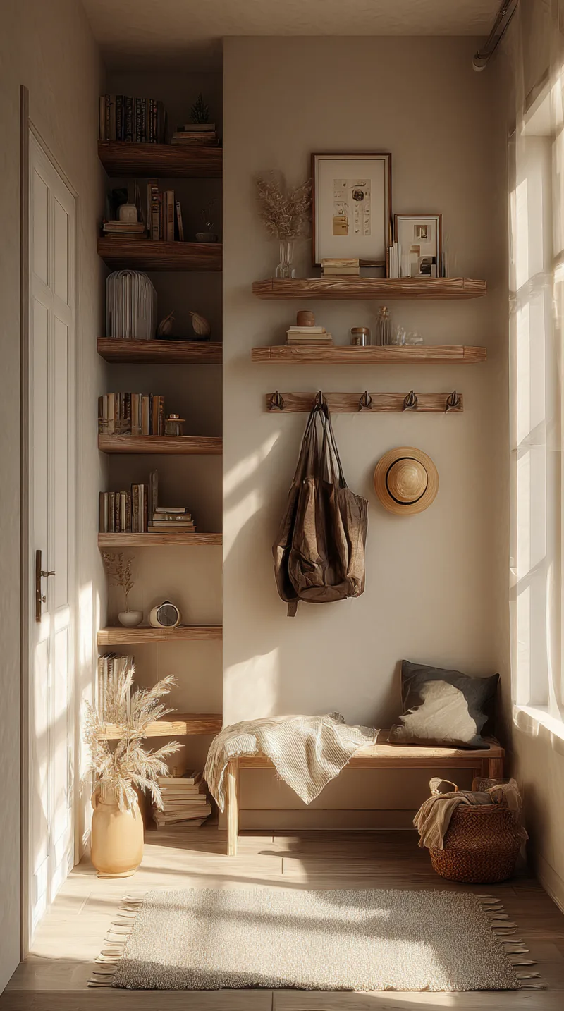 Corner vertical storage unit with floor-to-ceiling wooden shelves, wall hooks holding a bag, and a small wooden bench.