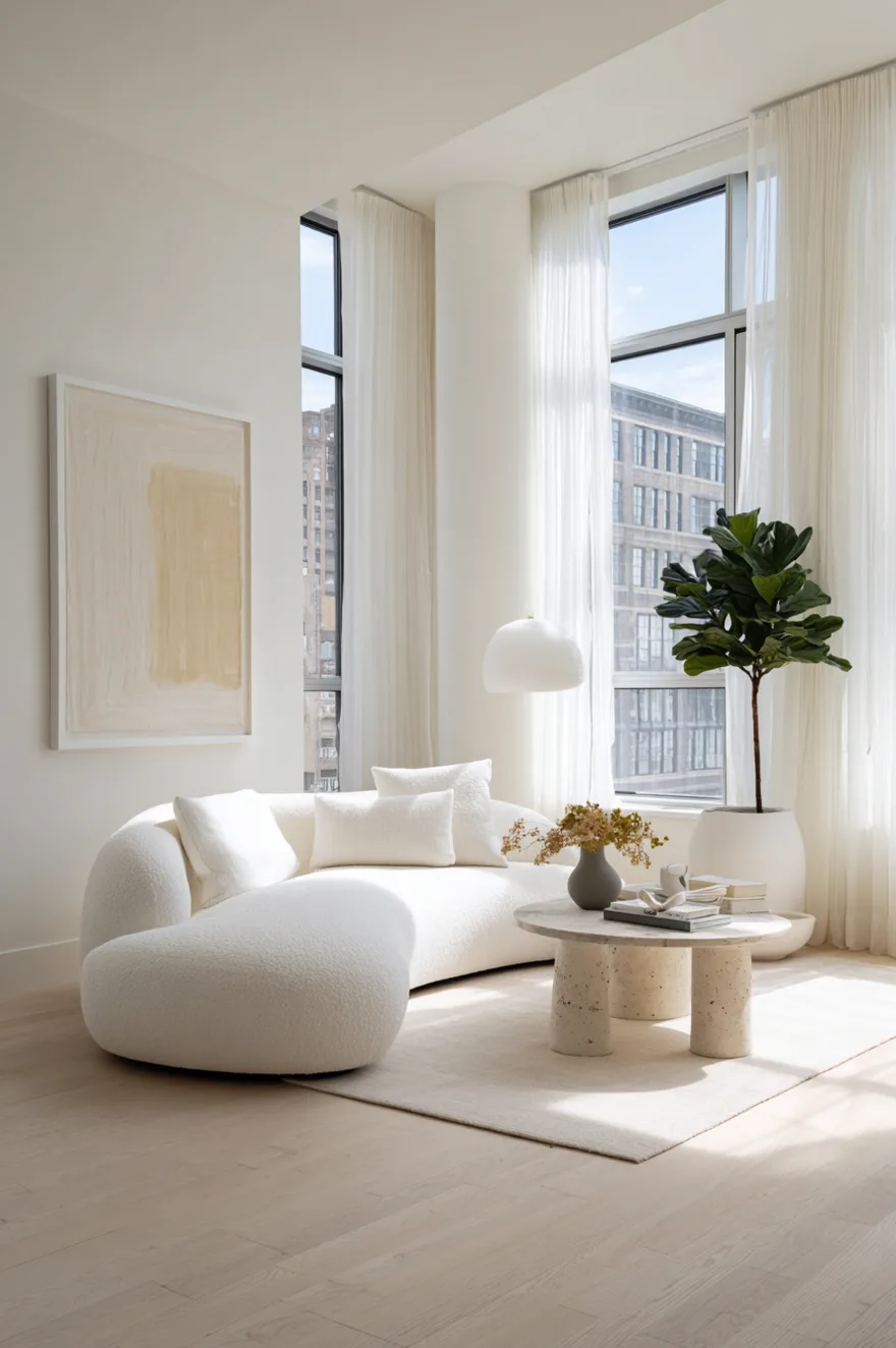 Contemporary living room with an oversized curved white sofa and abstract art.