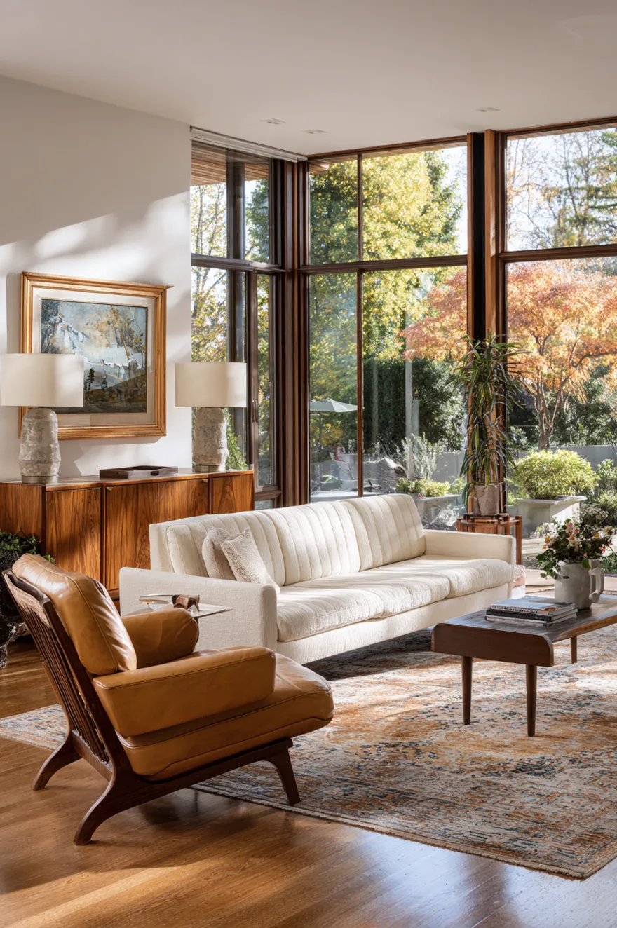 A cozy living room seating area where a new Article-style sofa sits next to an authentic vintage Eames lounge chair and a thrifted coffee table.