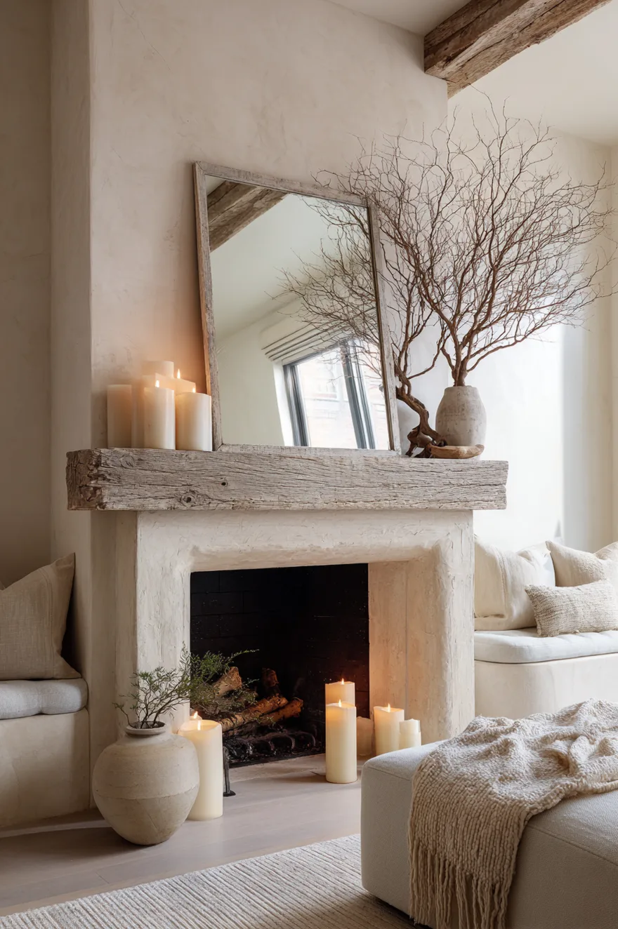 Chunky raw wood fireplace mantel on a limewashed plaster surround styled with an oversized leaning mirror, clustered ivory pillar candles in varying heights, and a large dried sculptural branch.