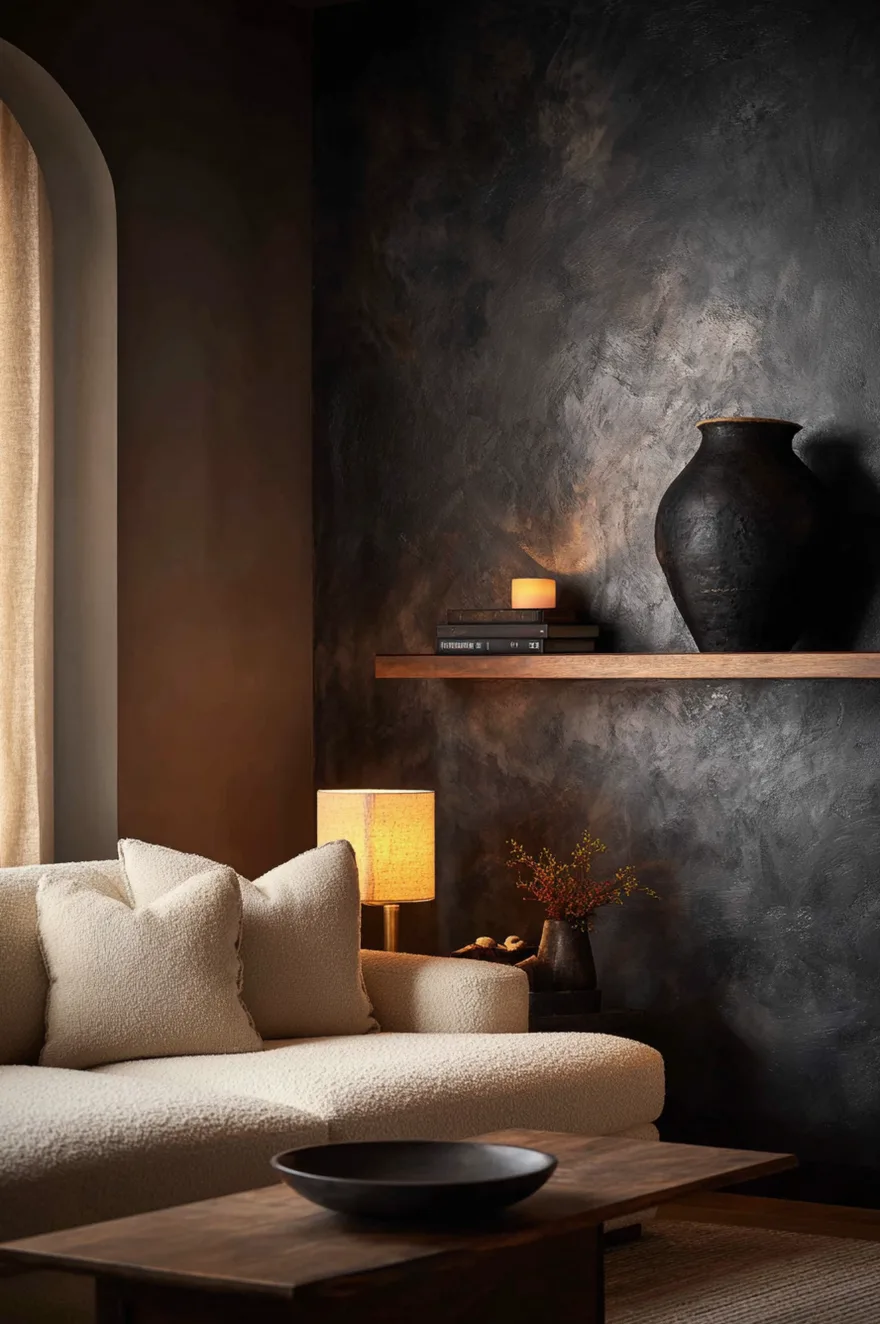 Moody minimalist living room with matte black plaster walls, a honey-oak floating shelf holding a sculptural black ceramic vase, warm brass hardware, and a low cream bouclé sofa with early evening lamp glow.