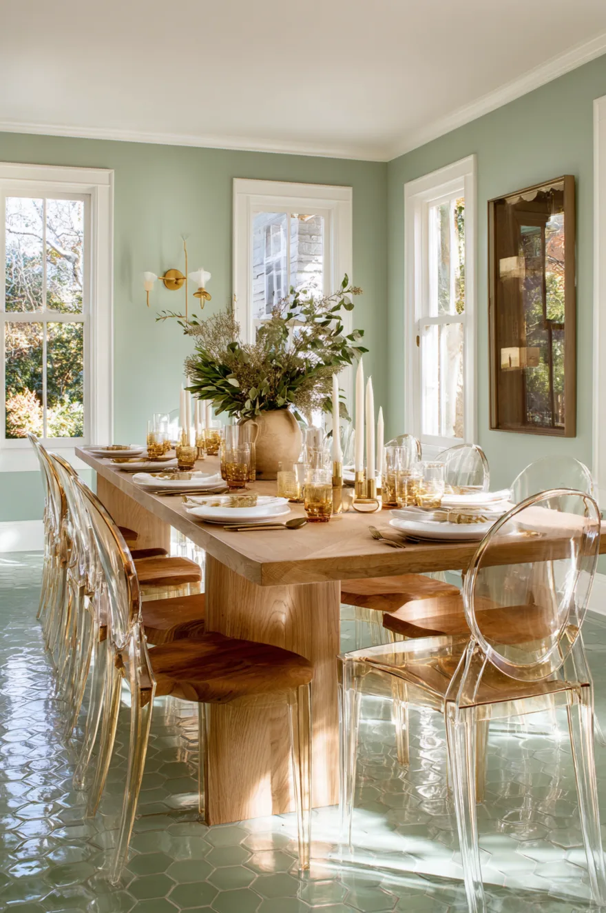Alternating brushed gold acrylic ghost-style chairs and warm oak dining chairs around a table against a soft sage green wall with marble hex tile flooring.