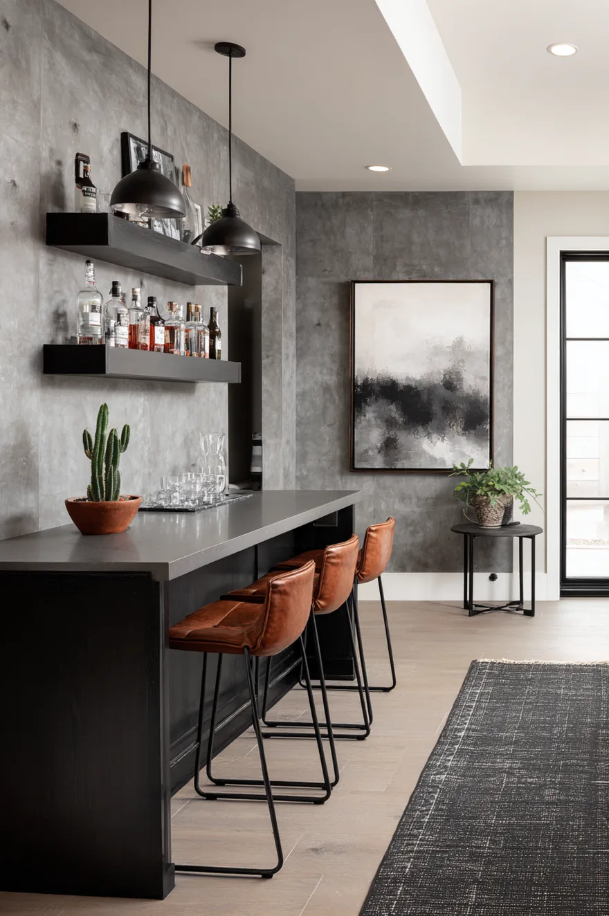 Modern man cave basement with concrete-panel wallpaper, matte-black wet bar with floating shelves, leather and steel bar stools, and a large abstract art print.