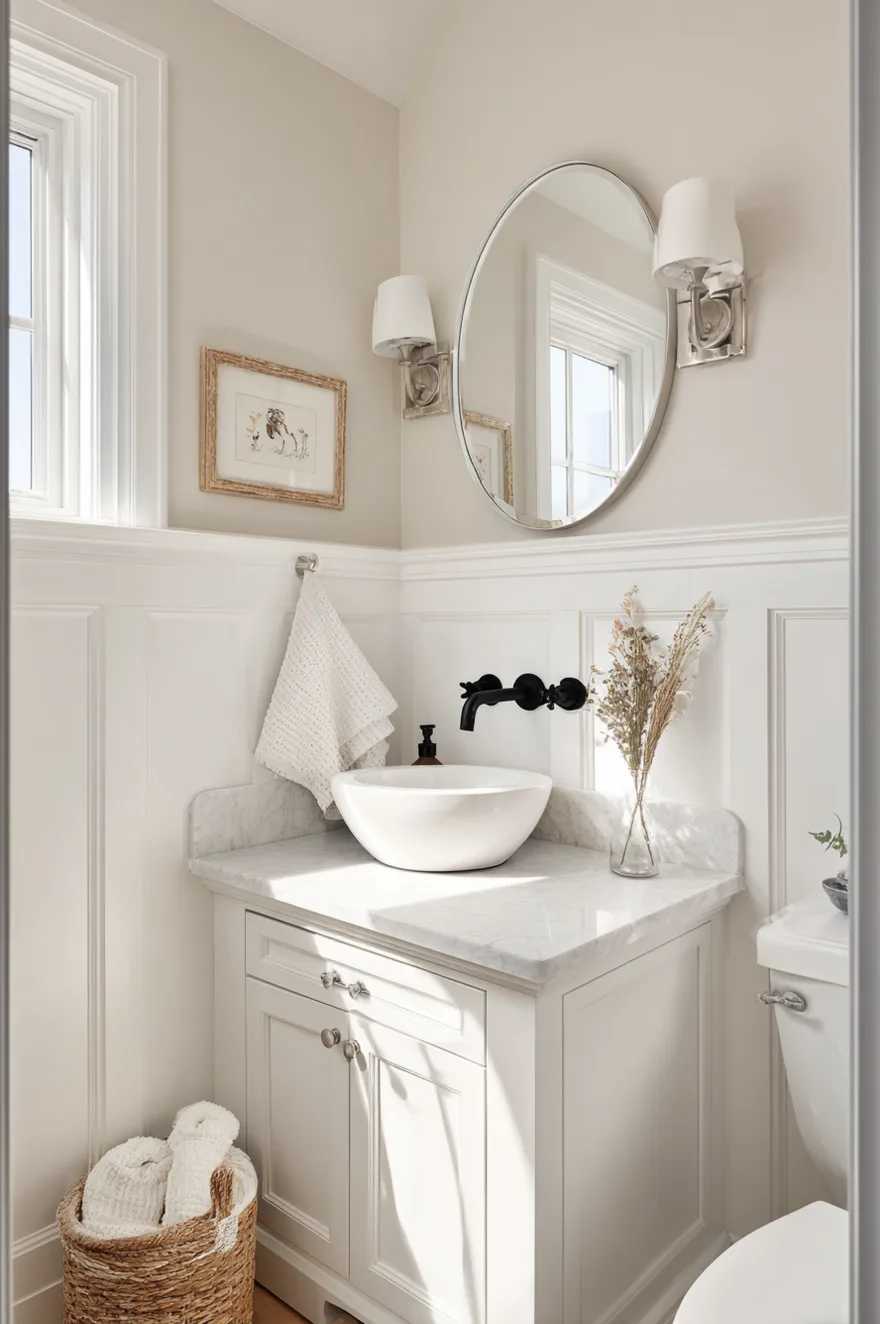 Powder room with white board-and-batten wainscoting at 48 inches, warm linen upper walls, furniture-style vanity with oval undermount sink, and polished nickel hardware.