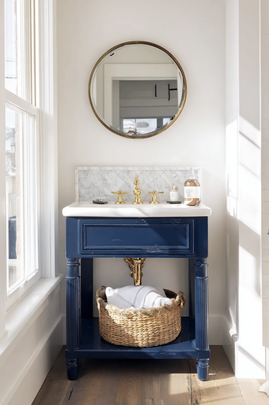 Navy refinished vintage washstand fitted with a white drop-in porcelain sink, exposed nickel P-trap, marble-look peel-and-stick backsplash, and a round brass mirror above in a small farmhouse bathroom.