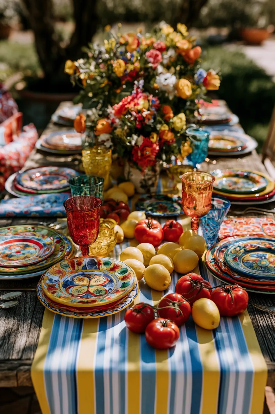Vibrant outdoor table set with colorful patterned ceramic plates, a yellow and white striped linen tablecloth, bowls of fresh lemons, and bright ranunculus flowers.