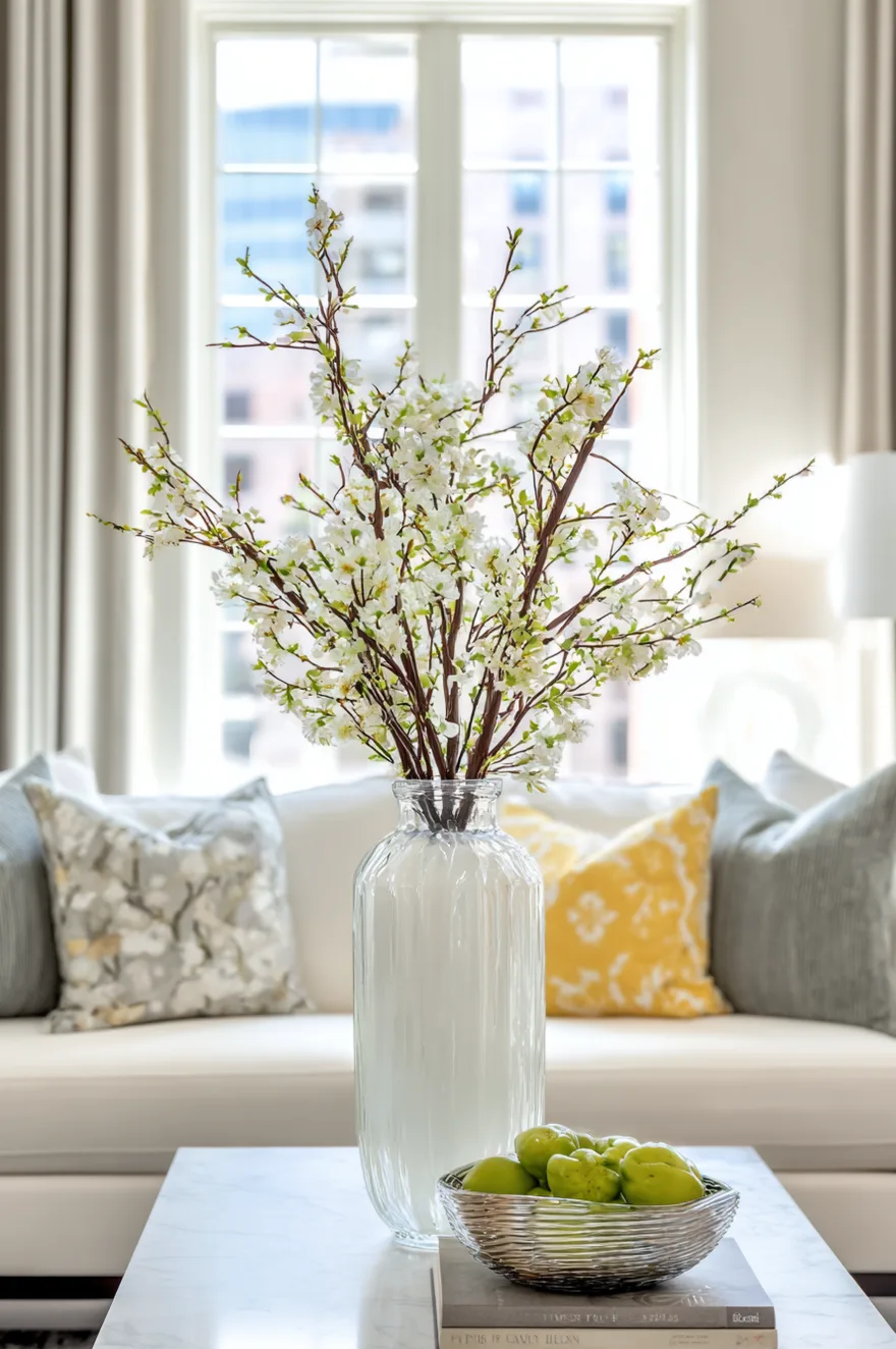 Large ceramic vase holding tall faux white dogwood branches in the center of a bright living room.