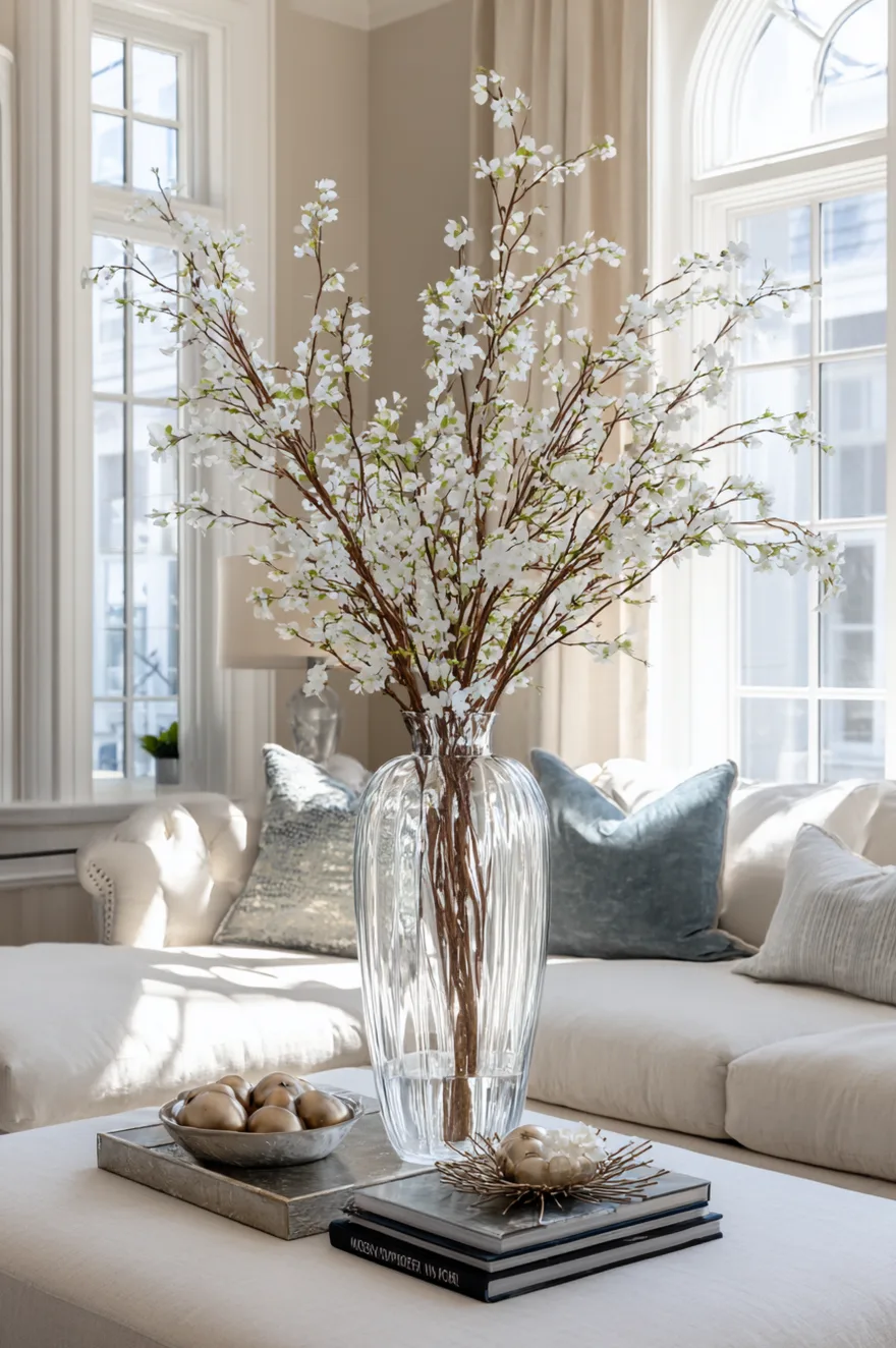 Tall amber glass statement vase filled with faux pink cherry blossom branches on a coffee table.